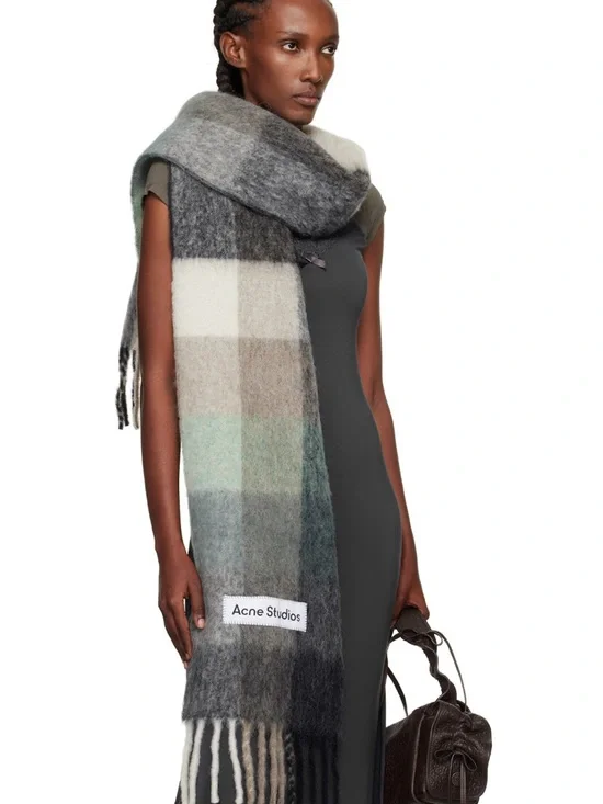 Acne Wool Blend Scarf in Gray, Charcoal and Mint Check - Picture 4 of 5